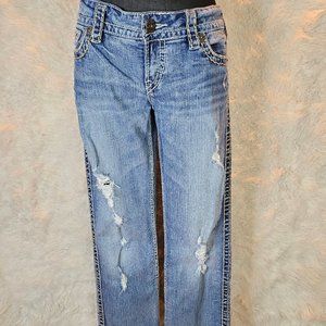 Silver Jean Women's Mckenzie Blue Distressed Slim Boot Cut Ripped Jeans W31/L32